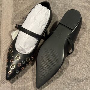 Saint G : Josh Pointed Toe Mary Jane Flat in Black with Metallic Eyelets